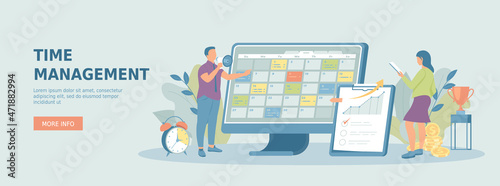 Time management, targets, business checklist. Man and woman planning tasks on schedule. Promotional web banner. Cartoon flat vector illustration with people characters.