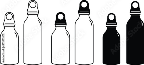 Metal Water Bottle Container Clipart Set - Outline and Silhouette