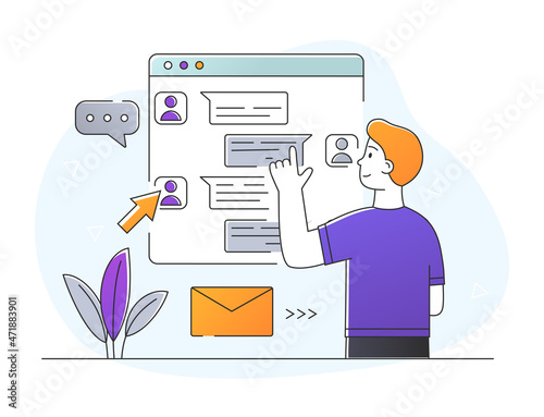 Man with messaging application. haracter communicates with friends via Internet. Online chatting. Social networks, website. Person typing on smartphone or tablet. Cartoon flat vector illustration