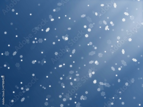 Sparse snowfall Christmas background. Subtle flying snow flakes and stars on dark blue night background. Beauteous winter silver snowflake overlay template. Symmetrical vector illustration.