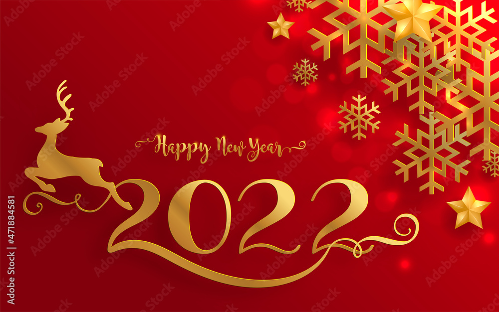 Merry Christmas and happy new year 2022 with gold patterned and crystals on paper color.
