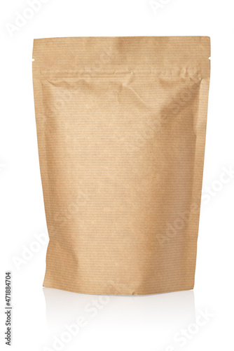 Brown paper pouch bag isolated on white.