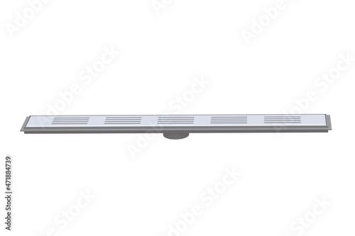Long rectangular shower drain with stainless grid isolated on white background. 3d render
