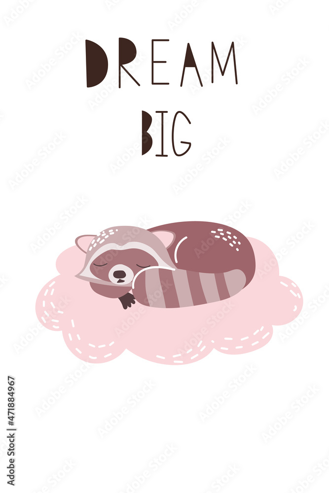Obraz premium Cute sleeping raccoon. Boho rainbow nursery. Abstract poster wiht baby animal. Stock vector flat cartoon illustration.