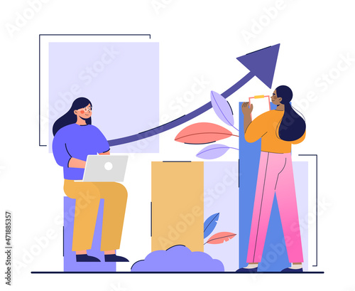 Concept of corporate ladder. Girls working in office. Company growth, selfdevelopment, acquisition of new useful skills. Future success, ambition, goal, task. Cartoon flat vector illustration