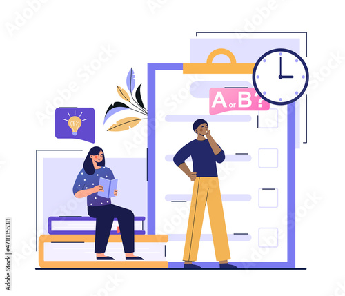 Exams and test. Students assess their knowledge. Results of work for whole year. Education, study. haracters stand near form with options for answering questions. Cartoon flat vector illustration