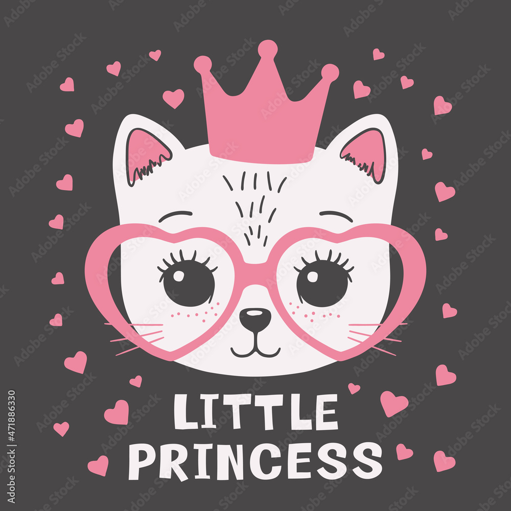 Cute cat face with pink crown, heart glasses. Little Princess slogan Cute cat face with pink crown, heart glasses. Little Princess slogan
