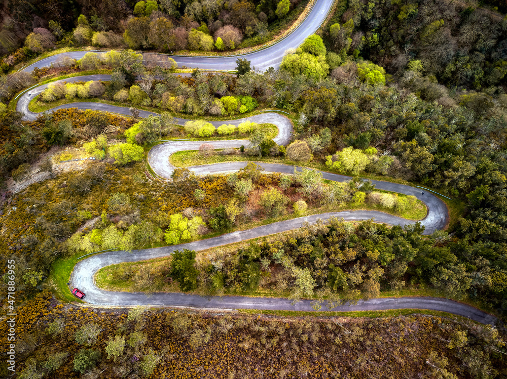 Aerial view curve road on the mountains in Asturias, Spain.
