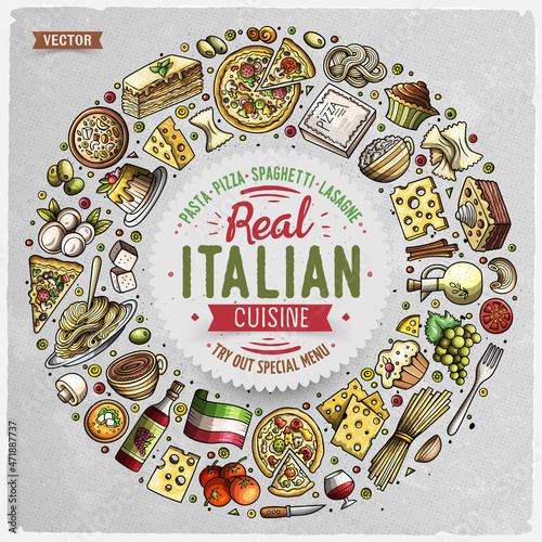 Set of Italian food cartoon doodle objects, symbols and items