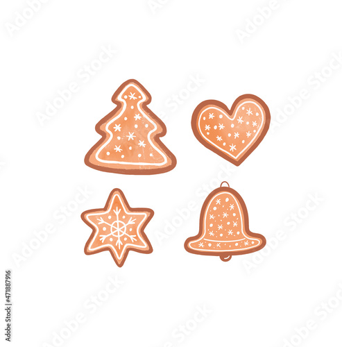 set of beige gingerbread cookies with a heart and a Christmas tree and a star and a bell