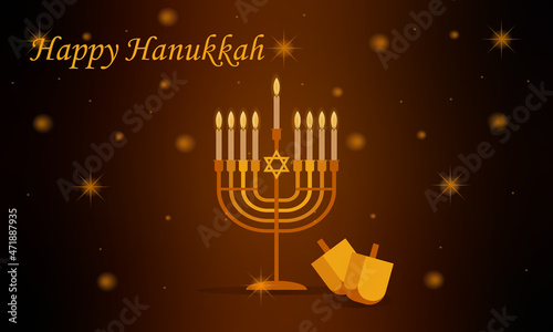 Hanukkah holiday banner design with menorah and traditional spinners. Jewish holiday golden Hanukkiah with 9 burning candles . 