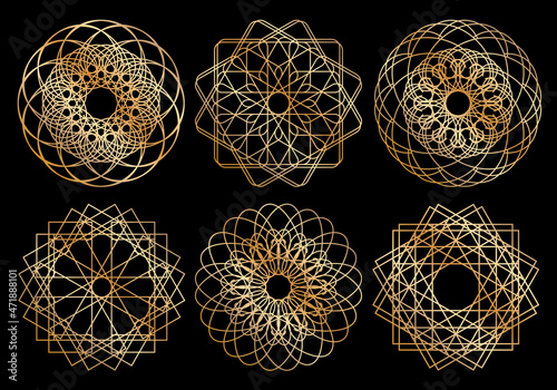 Spirograph patterns set. Twisted lines abstract shapes. Guilloche frames for certificate, diploma, money, official documents watermarks. Guilloche pattern, intricacy line elements, spirograph shapes
