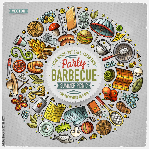 Set of Picnic cartoon doodle objects, symbols and items