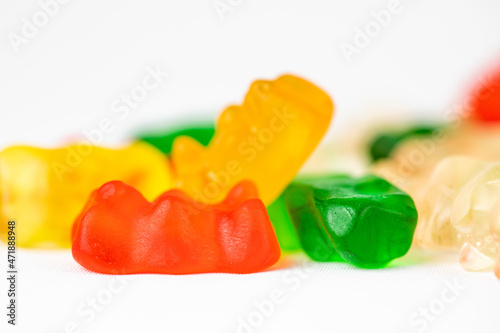 Colorful and delicious gummy bear candies with a white background