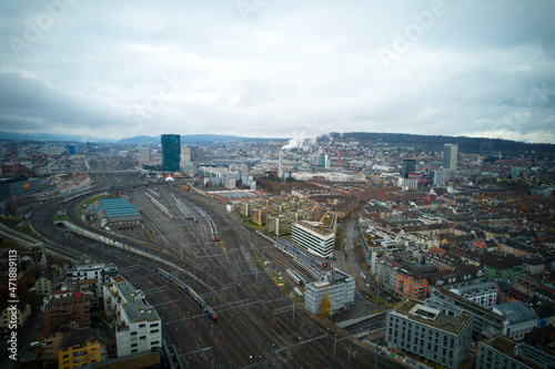 Aerial view of City of Z  rich on a cloudy grey autumn day. Photo taken November 28th  2021  Zurich  Switzerland.