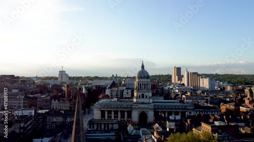  Nottingham City Centre 4k Drone Footage. Looking over the town square and into the distance. Clear, quality 4k drone footage taken at sunset.  photo