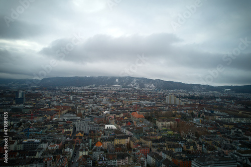 Aerial view of City of Zürich on a cloudy grey autumn day. Photo taken November 28th, 2021, Zurich, Switzerland.
