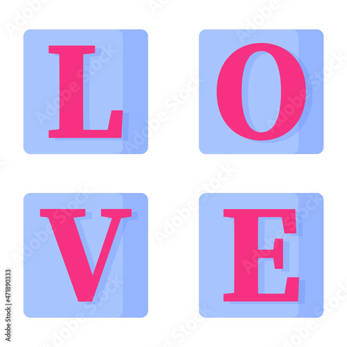 Blue scrabble board game with the word love. Wedding and valentine day concept.