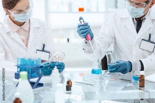 close up. biologists conduct research in the laboratory.