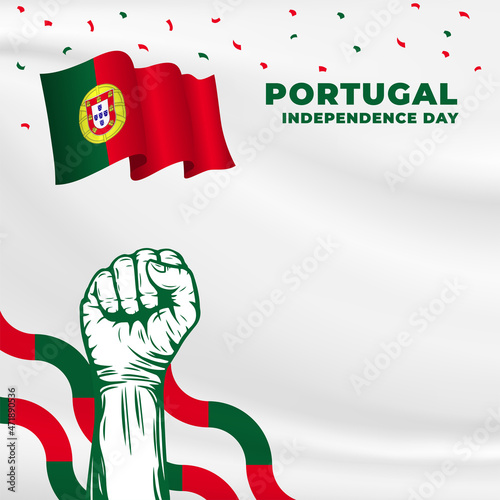 Square Banner illustration of Portugal independence day celebration with text space. Waving flag and hands clenched. Vector illustration.