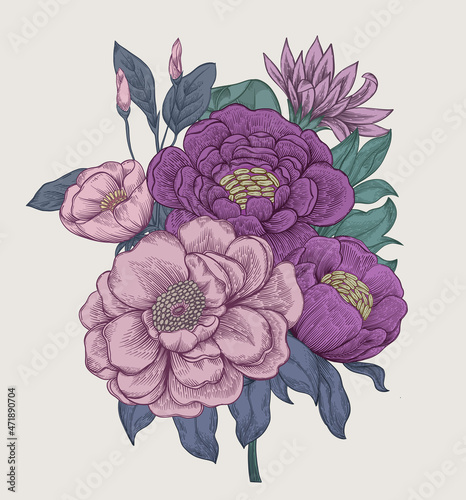 Vintage pink roses and peonies. Chic floral print on white background. Hand drawn floral bouquet.