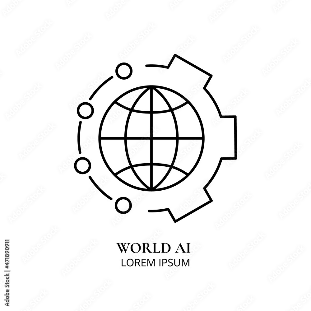 Artificial intelligence and machine learning line icon. World AI. Simple thin outline pictogram. AI concept. Innovative robotic technology element. Cpu,cloud. Editable stroke vector illustration