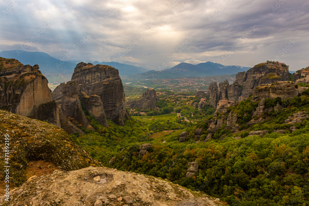 Great view of the ancient monasteries and the impressive and picturesque valley of Meteora, Greece