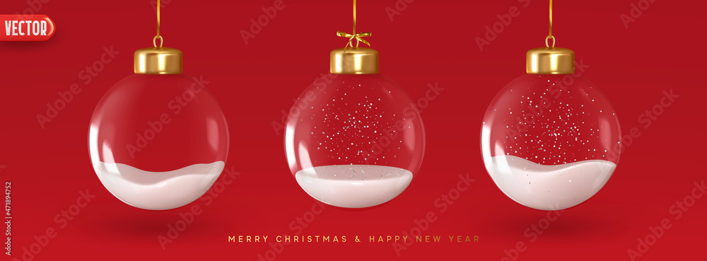 Fototapeta premium Christmas decorations glass baubles transparent balls inside snow, hang on gold ribbon, set isolated on red background. Realistic 3d design of elements of Christmas decorations. vector illustration