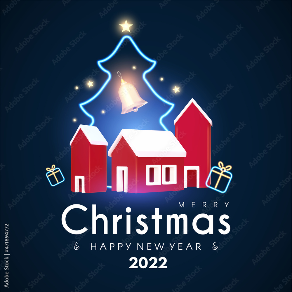 Christmas sale design template with cute town, gift box, fir tree and neon light effect. Super season offer with light.