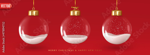 Christmas decorations glass baubles transparent balls inside snow, hang on gold ribbon, set isolated on red background. Realistic 3d design of elements of Christmas decorations. vector illustration