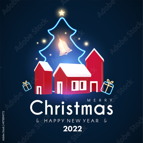 Christmas sale design template with cute town, gift box, fir tree and neon light effect. Super season offer with light.
