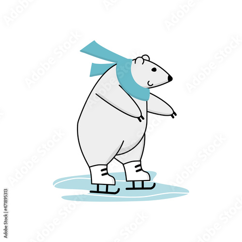Polar bear ice skating training. Funny cartoon winter sport mascot