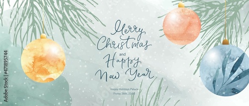 Christmas and New Year holiday card design. Hand painted watercolor texture, colorful baubles with golden foil