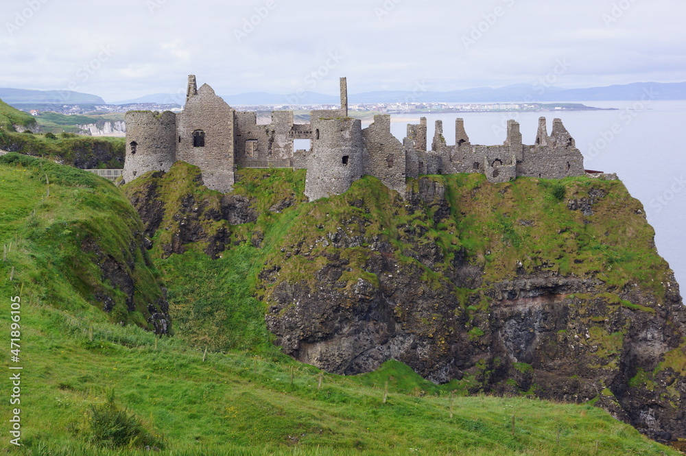 Close up view of Dunluce Castle in County Antrim, Northern Ireland (UK)