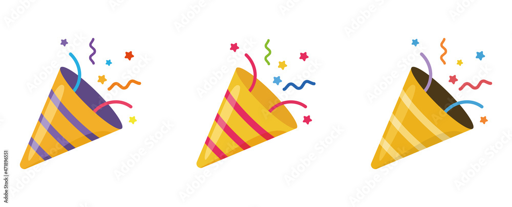 Obraz premium Set confetti party popper icon, fireworks logo, cap, flat design. Vector illustration isolated on white background.