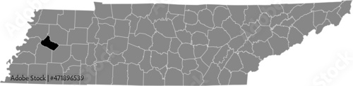Black highlighted location map of the Crockett County inside gray administrative map of the Federal State of Tennessee, USA