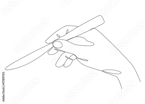 Silhouettes of a man's hand holding a knife in modern one line style. Continuous line drawing, aesthetic outline for home decor, posters, wall art, stickers, logo. Vector illustration.