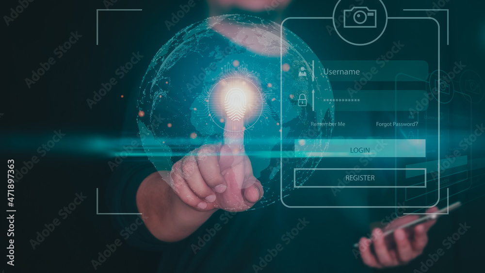 Fototapeta premium Metaverse Technology concepts. touching to virtual world, big data with internet connection for metaverse. Businessman using mobile smart phone, technology concept. computing, database, achievement..