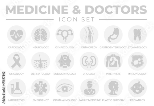 Round Gray Medicine and Doctors Icon Set of Gynecology, Orthopedy, Gastroenterology, Oncology, Dermatology, Internists, Laboratory, Ophthalmology, Family Plastic Surgery, Pediatrics Healthcare Icons