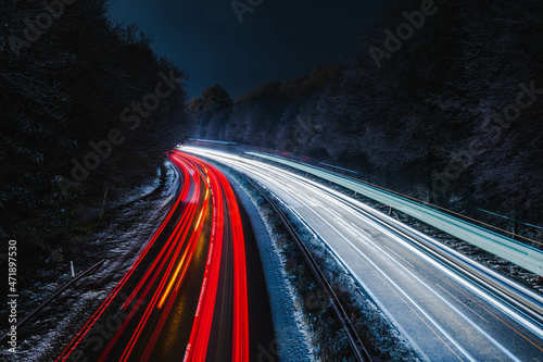 Road in England during the first snow night 2021