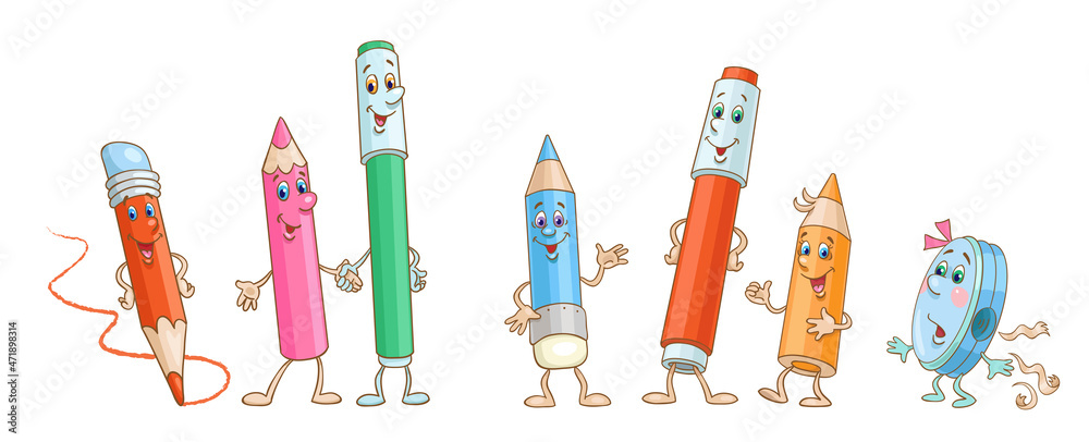 A group of colored pencils and markers with a fun pencil sharpener. In  cartoon style. Isolated on white background. Vector illustration. Stock  Vector