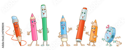 A group of colored pencils and markers with a fun pencil sharpener. In cartoon style. Isolated on white background. Vector illustration.