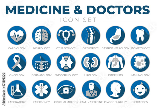 Icon Set of Cardiology, Neurology, Gynecology, Orthopedy, Dermatology, Urology, Internists, Immunology, Laboratory, Emergency,  Family Medicine, Plastic Surgery, Pediatrics Medical Icons.