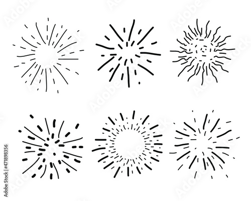 Doodle style fireworks collection. Hand design elements fireworks black rays.  Can be used as a template or as a standalone element  icons. Marker brush sketches. Doodle sketch style.