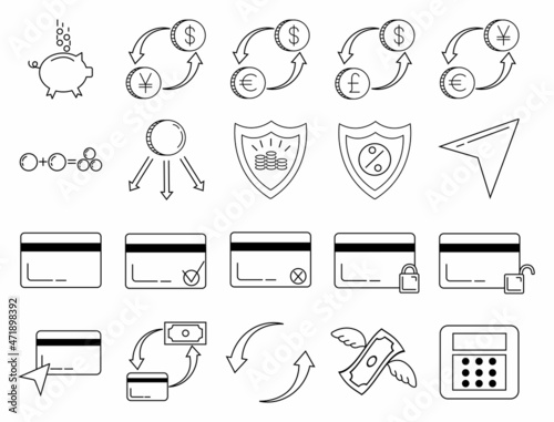 Money line icons set. Set of Banking, Wallet and Coins icons. Credit card, Currency exchange and Cashback money service.Euro and Dollar, Cash wallet, exchange. Banking credit card, atm payment. Vector