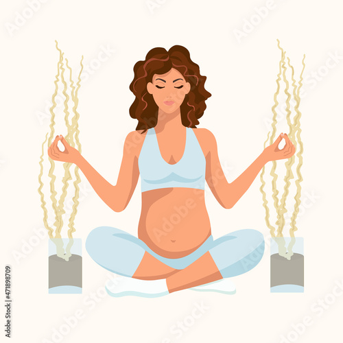 A pregnant woman is sitting in the lotus position. Vector illustration. Cartoon style. Yoga, meditation.