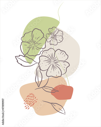 caver Minimal floral line art. Modern abstract shapes background. Trendy design. Pastel color palette. hand drawing