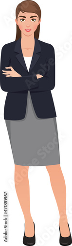 Young confident woman full length portrait. A woman in a business suit. Vector illustration
