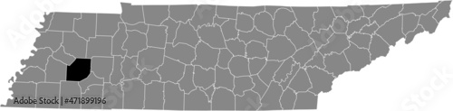 Black highlighted location map of the Madison County inside gray administrative map of the Federal State of Tennessee, USA