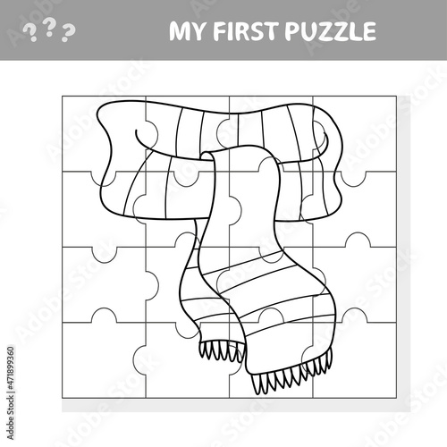 Cartoon Scarf. Educational children game - my first puzzle, printable worksheet, vector illustration. Coloring pages